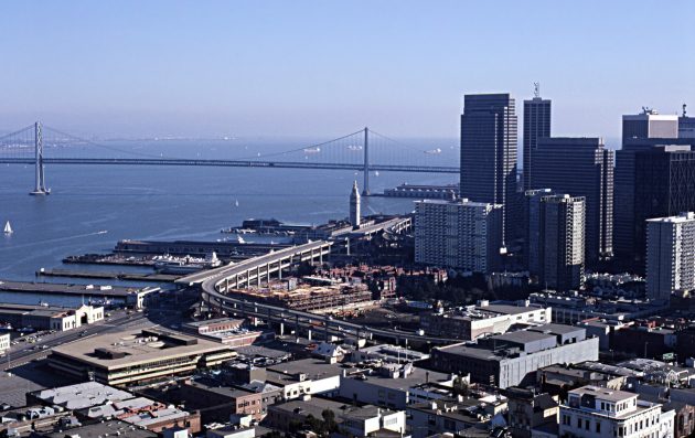 Foreground: Embarcadero Skyway. Center: Ferry Building. Left