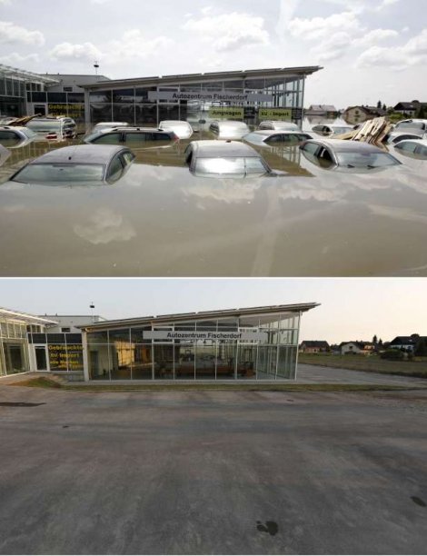 Gornja fotografija: Poplavljeni salon automobila kod Fišerdorfa 7. juna. Donja slika: Isto mesto 22. juna