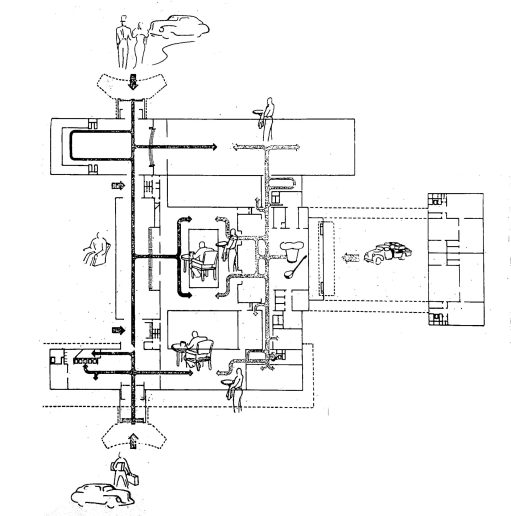 Prvonagrađeni konkursni rad za reprezentativni hotel – dijagram glavnih komunikacija i funkcionalnih zona (Arhitektura, 3, 1947)