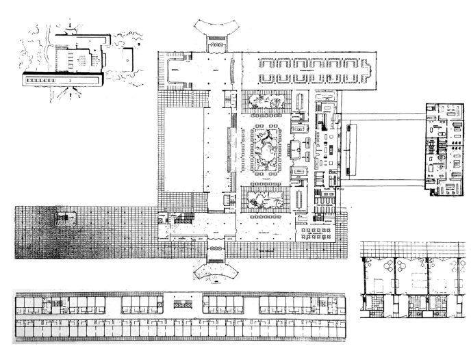 Prvonagrađeni konkursni rad za reprezentativni hotel, 1947, situacioni izgled, osnove prizemlja, tipskog sprata i sklopa hotelske sobe (Arhitektura, 3, 1947)
