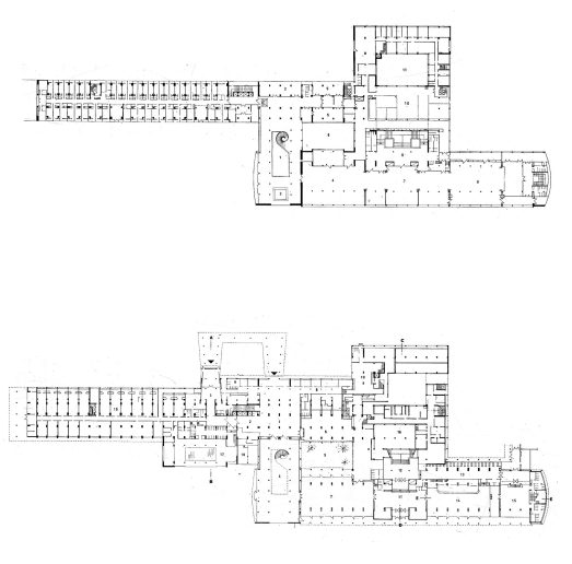 Lavoslav Horvat, hotel „Jugoslavija“, osnove prizemlja i prvog sprata (Arhitektura urbanizam, 66, 1970)
