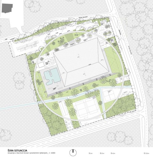 Prva nagrada – šira situacija sa osnovom krova i saobraćajnim rešenjem