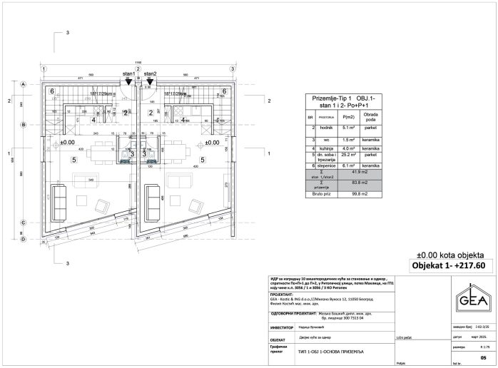 Tip 1, objekat 1 – osnova prizemlja